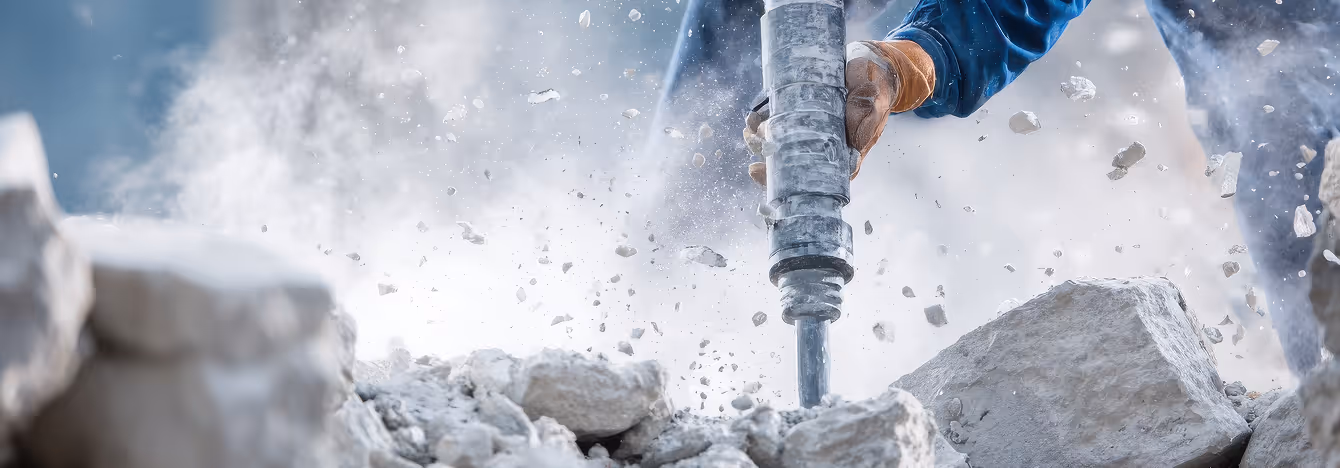 Arbeiter bedient Presslufthammer und zertrümmert Beton mit Staub und Trümmern in der Luft.