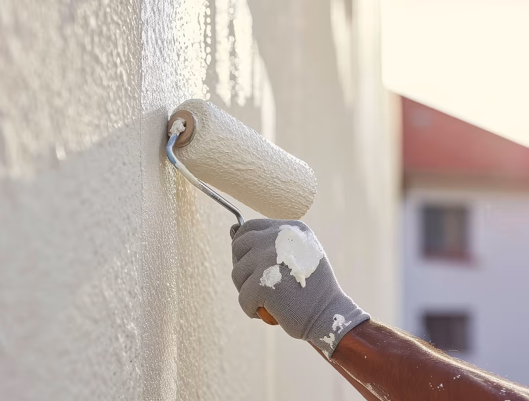 Hand mit grauem Handschuh, die eine Farbwalze hält und eine helle Wand streicht.